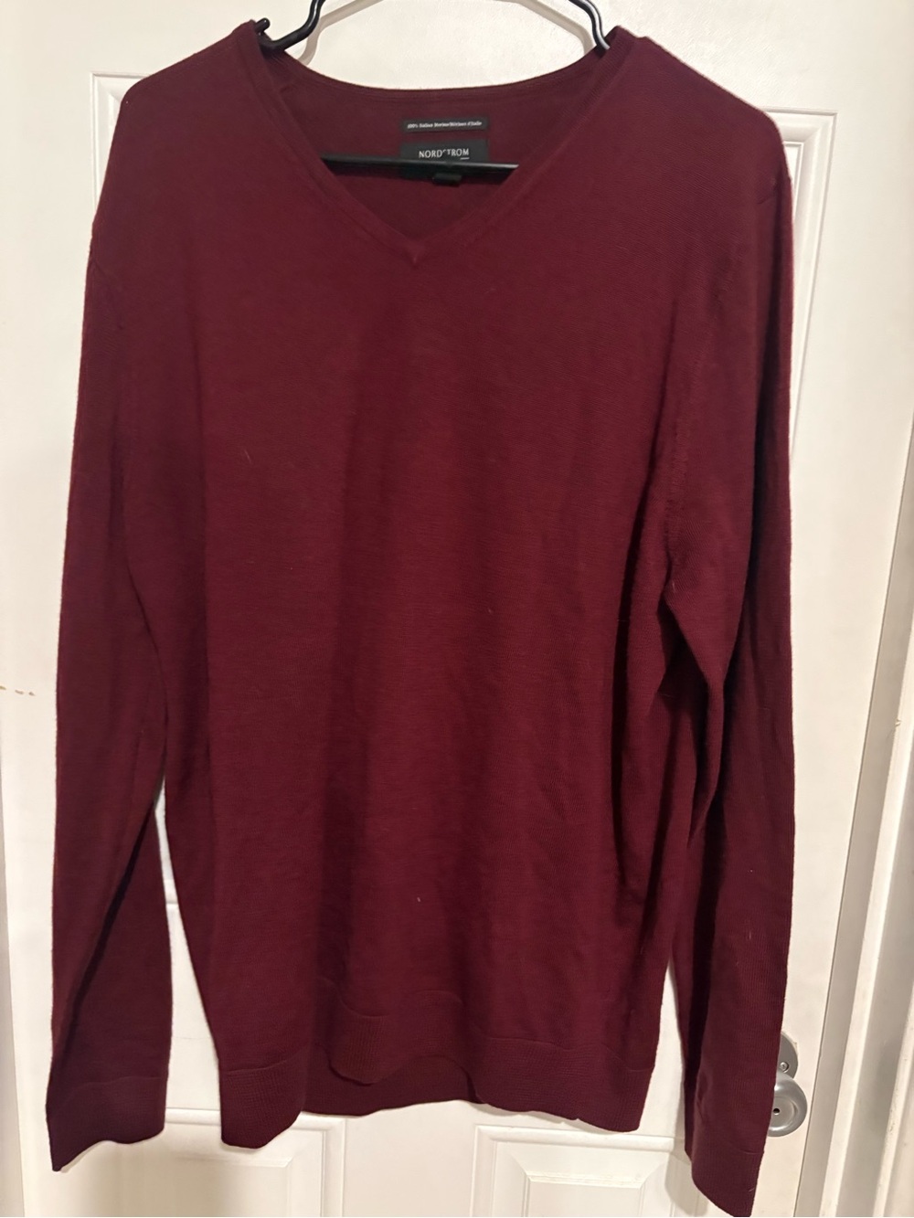 Nordstrom Men’s V-Neck Maroon Sweater- Merino Wool, Sz Large, Tall